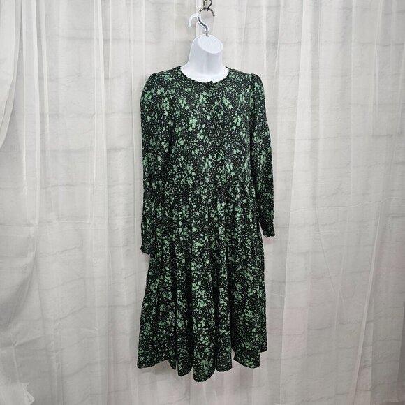 Zara Green Black Floral Peasant Dress Boho Midi S - Picture 4 of 9